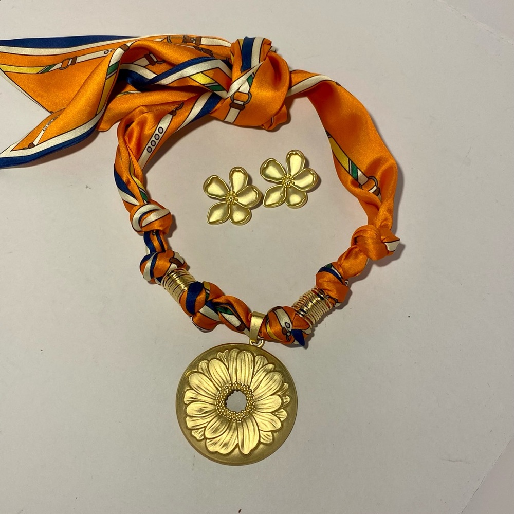 Gold and Orange Floral Handmade Necklace and Earring Set